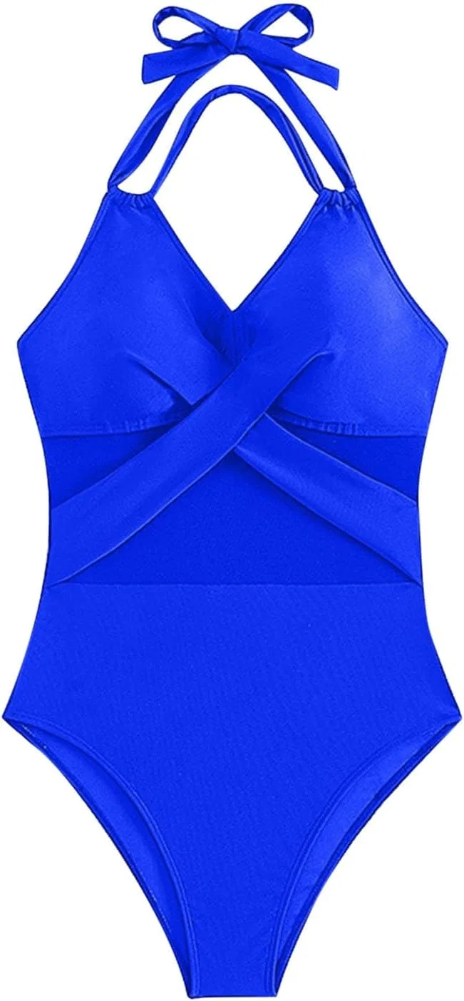 Женский цельный купальник с сеткой и перекрестным вырезом Generic, Blue — фото 4