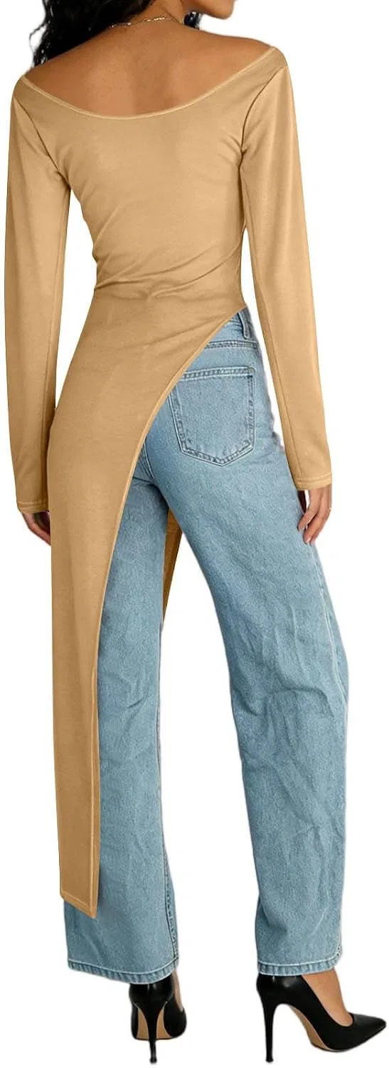 Женское платье миди с длинным рукавом и высоким разрезом Slim Fit, Khaki — фото 4