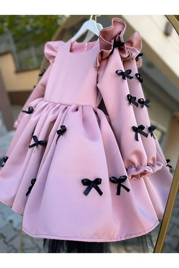 Детское платье для девочек с длинным рукавом Black bow girl's powder pink winter evening dress + buckle Sare Çocuk Giyim, Pink — фото 4