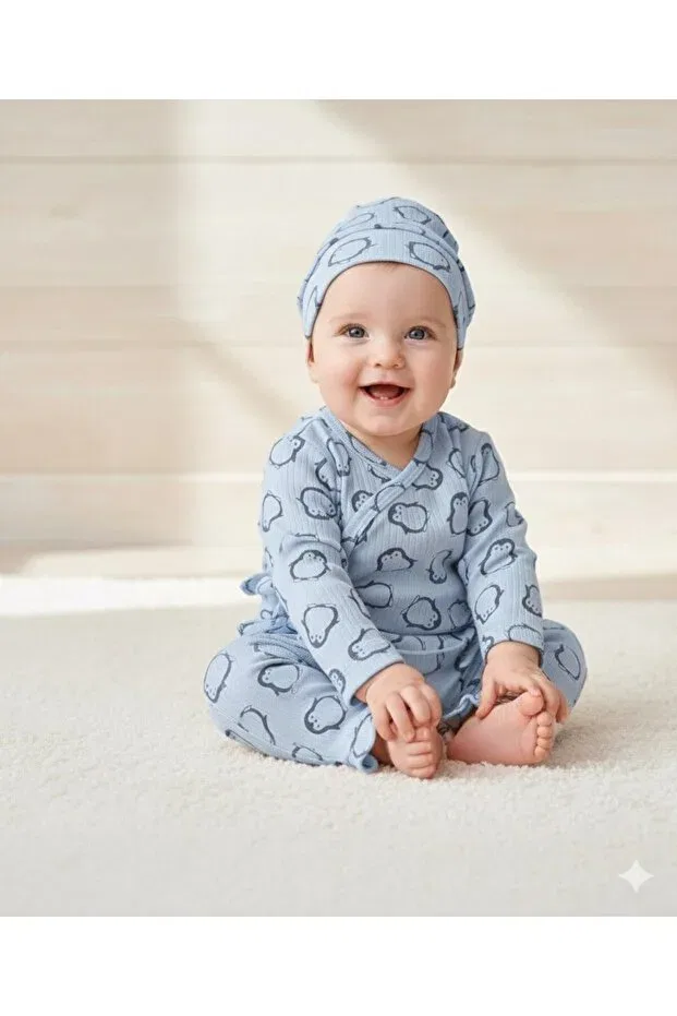 Детский комплект из топа и шапки с принтом пингвинов Penguin Patterned Printed Baby Maa, Blue
