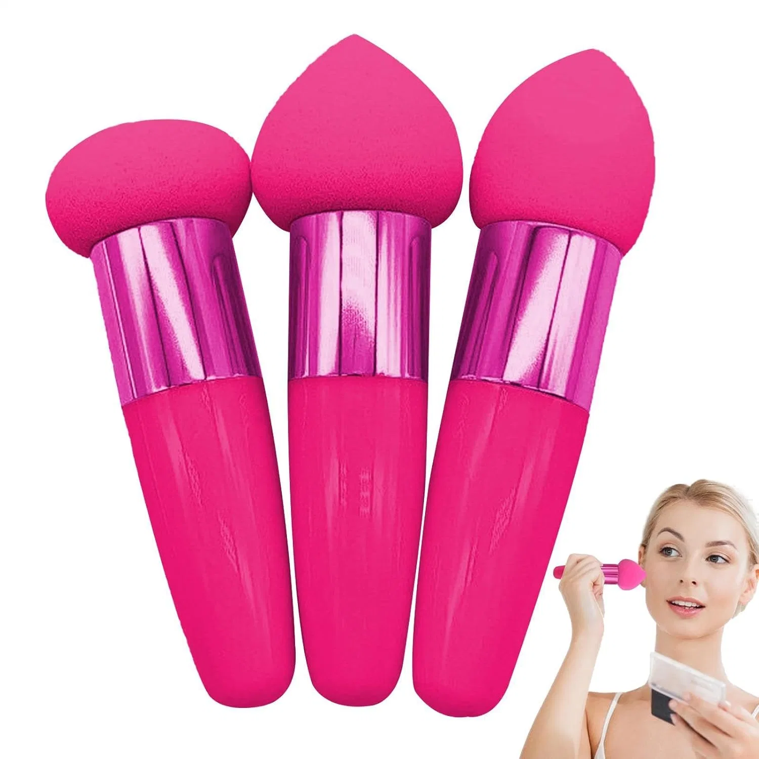 Набор спонжей для макияжа, 3 шт, с ручкой, Generisch, Hot Pink