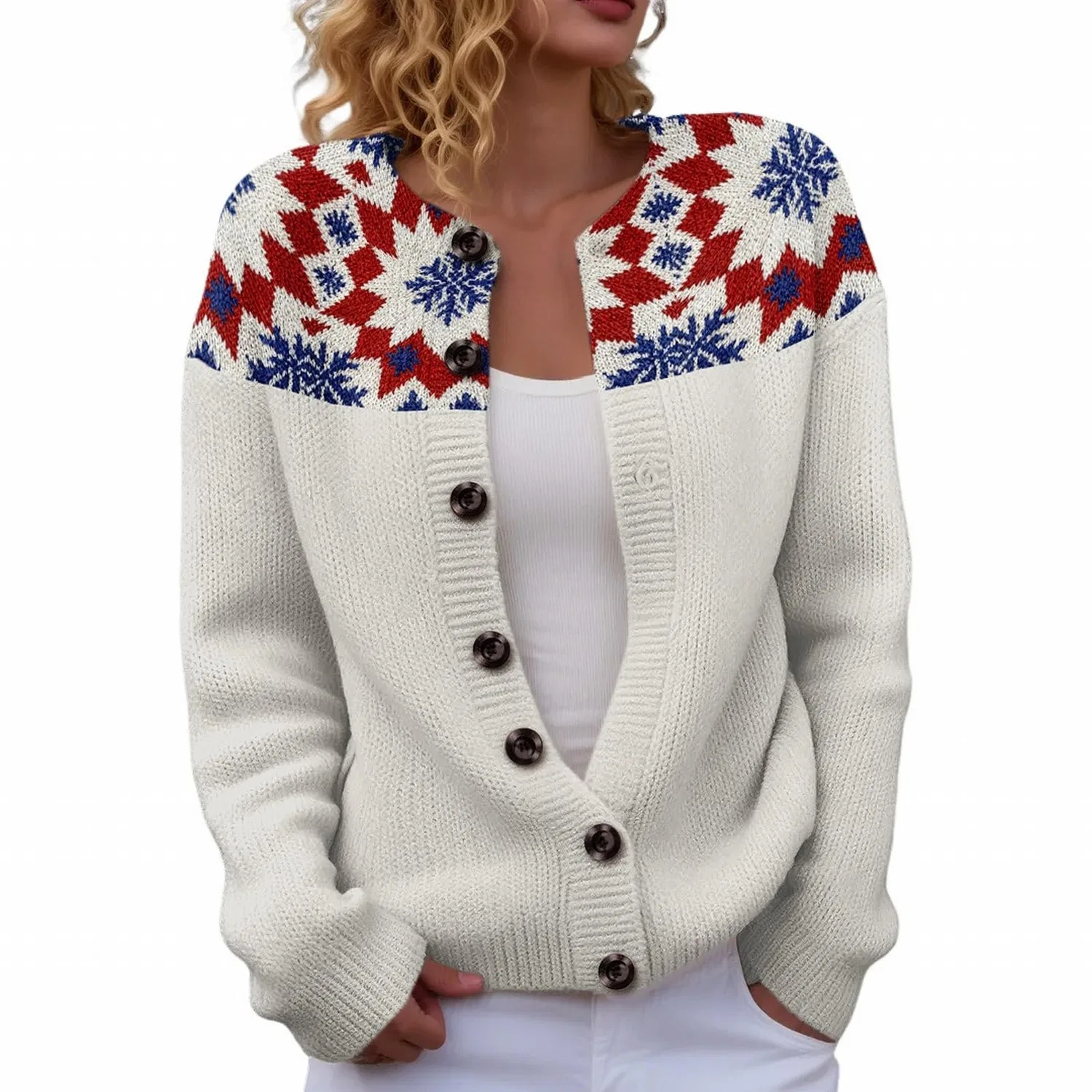 Женский кардиган с принтом Fair Isle, 02#white
