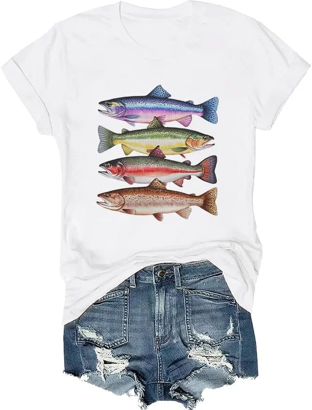 Футболка с принтом рыбы Abstract Colorful Trout in A Row, White