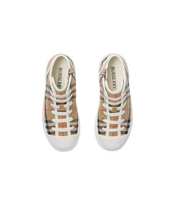 Детские кроссовки на высокой подошве с принтом Unisex Check Cotton High-Top Sneakers Burberry, Sand Beige — фото 4