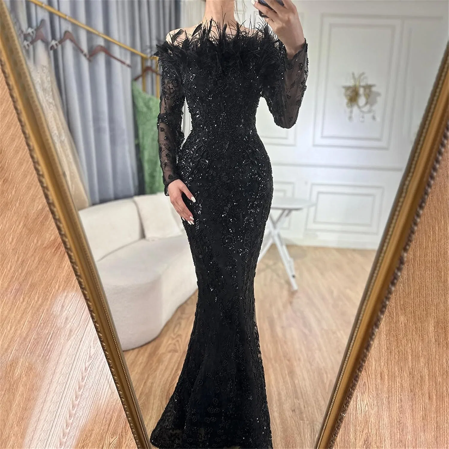 Женское вечернее платье с перьями и пайетками, Black — фото 4
