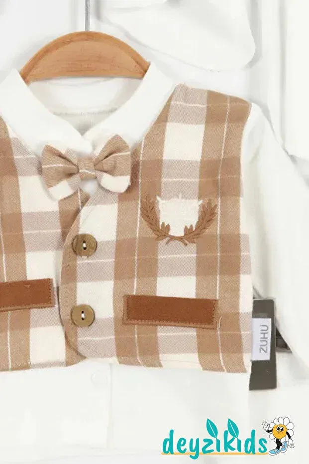Детский комплект одежды для новорожденных хлопковый Crowned teddy bear and bow tie embroidered Deyzikids, Brown — фото 3