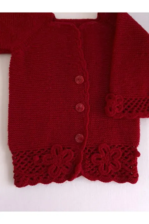 Детский кардиган для девочек с цветочным принтом Hand Knitted Baby Cardigan Pina Hediyelik Aksesuar, Red — фото 2