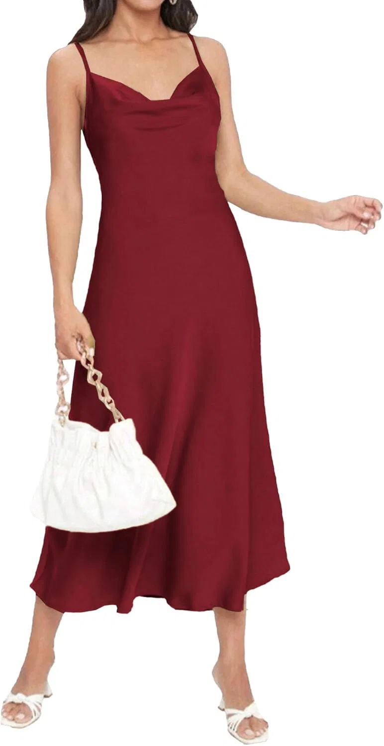 Женское сатиновое платье с глубоким V-вырезом Satin Dress, Wine Red