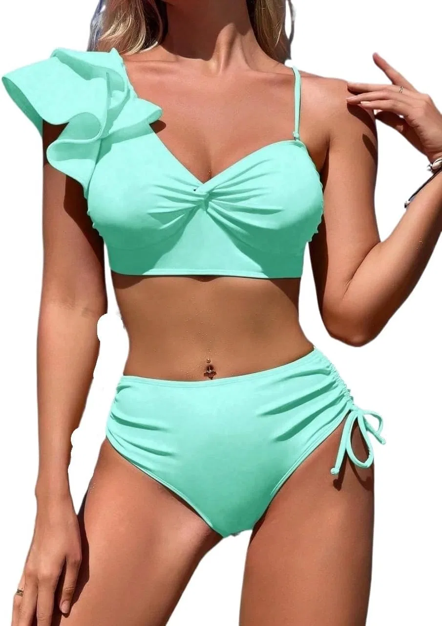 Женский купальный костюм с рюшами High Waisted, Blue