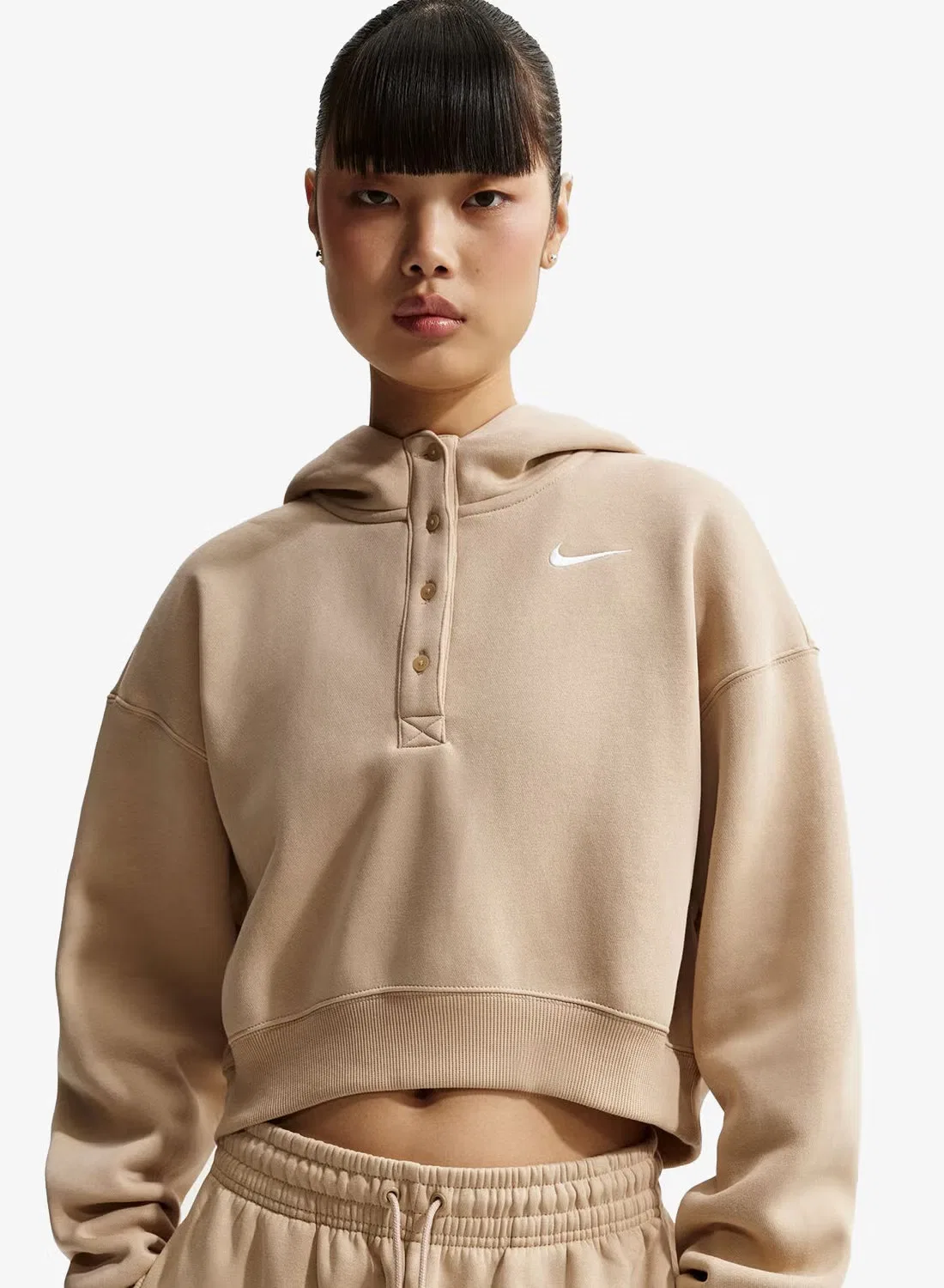 Худи оверсайз с укороченным кроем и застежкой хенли Nike, лен