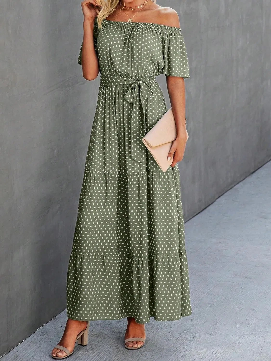 Женское макси-платье с горошком A-line Off-Shoulder, Green — фото 3