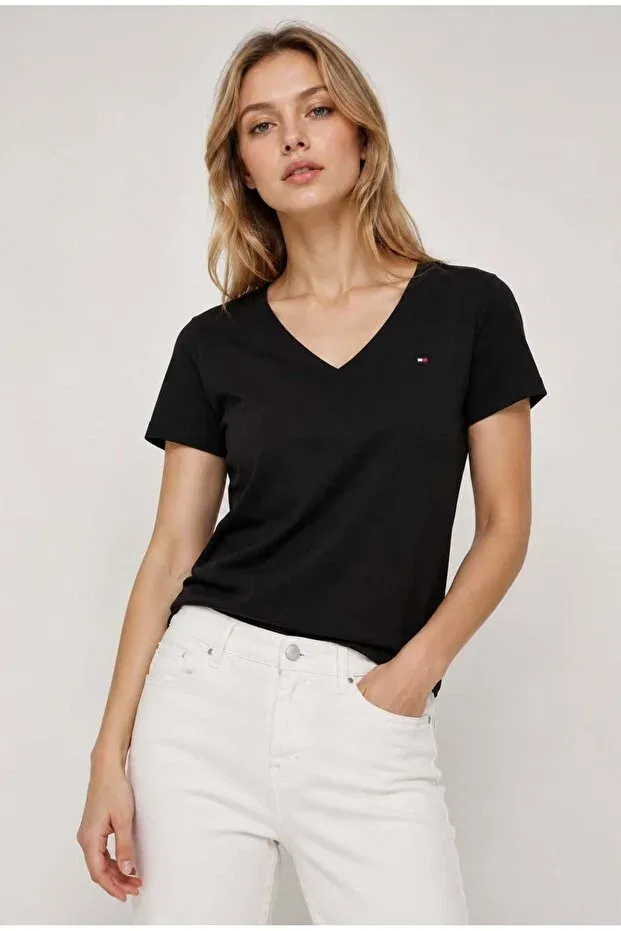 Женская хлопковая футболка с V-образным вырезом Tommy Hilfiger, Black