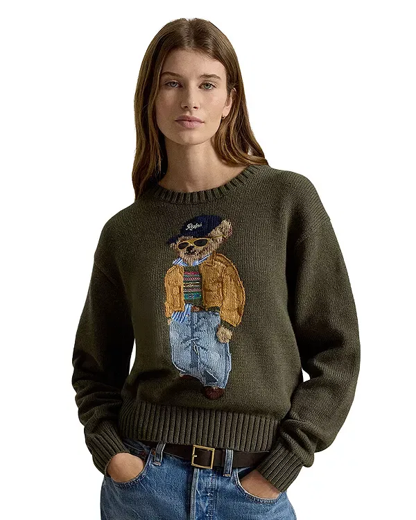 Женский свитер с круглым вырезом и принтом Polo Bear Ralph Lauren, Marled Olive