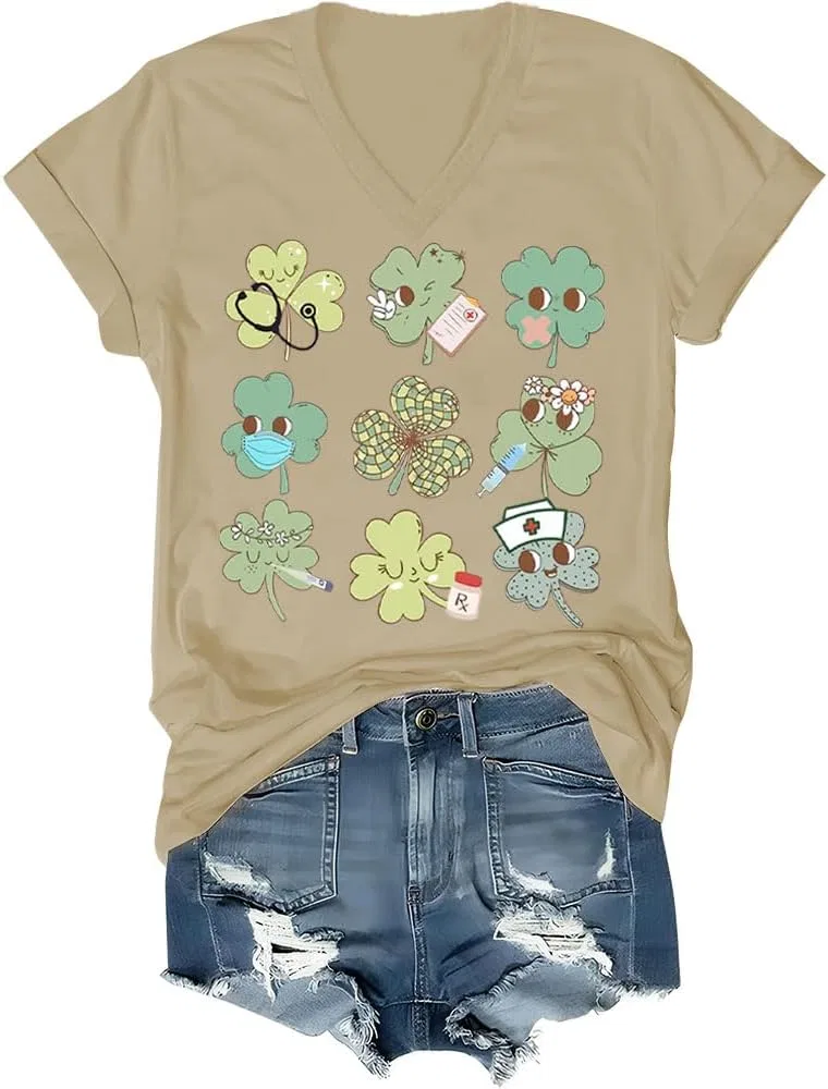 Женская футболка с рисунком V-neck, Khaki