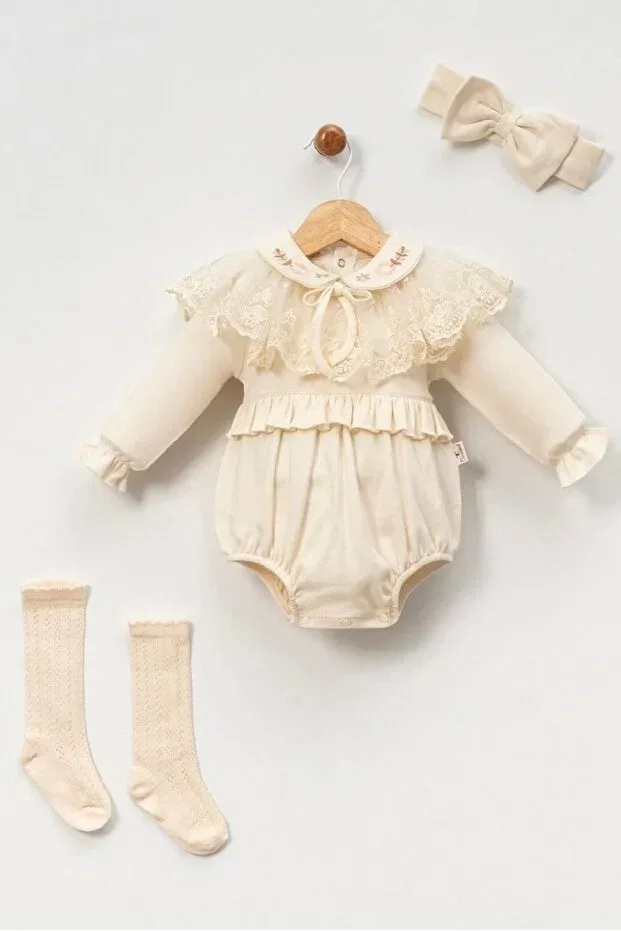 Детское боди-комбинезон для девочек с длинным рукавом Cherub Baby, Beige — фото 2