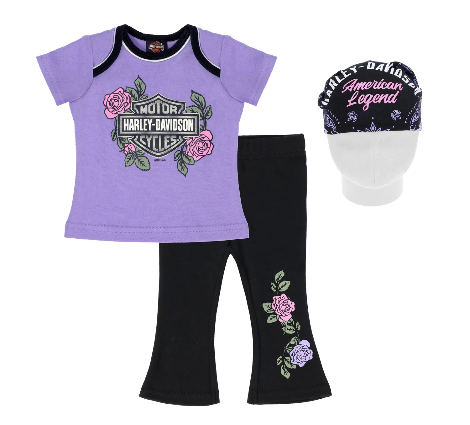 Комплект для младенцев из 3 предметов с принтом Interlock Harley Davidson, Violet Tulip/Black