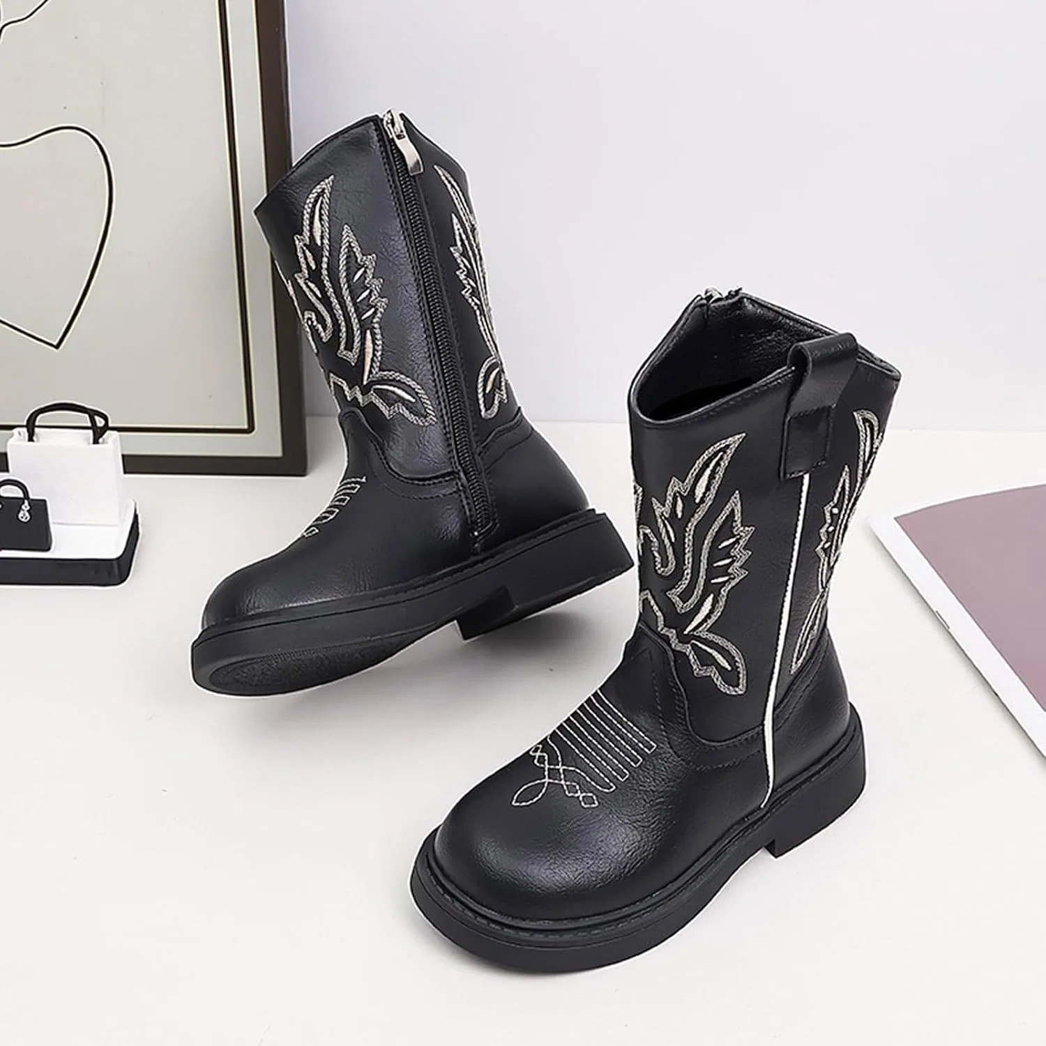 Детские сапоги для девочек с вышивкой Cowboy Boots IWIHMIV, Black — фото 2
