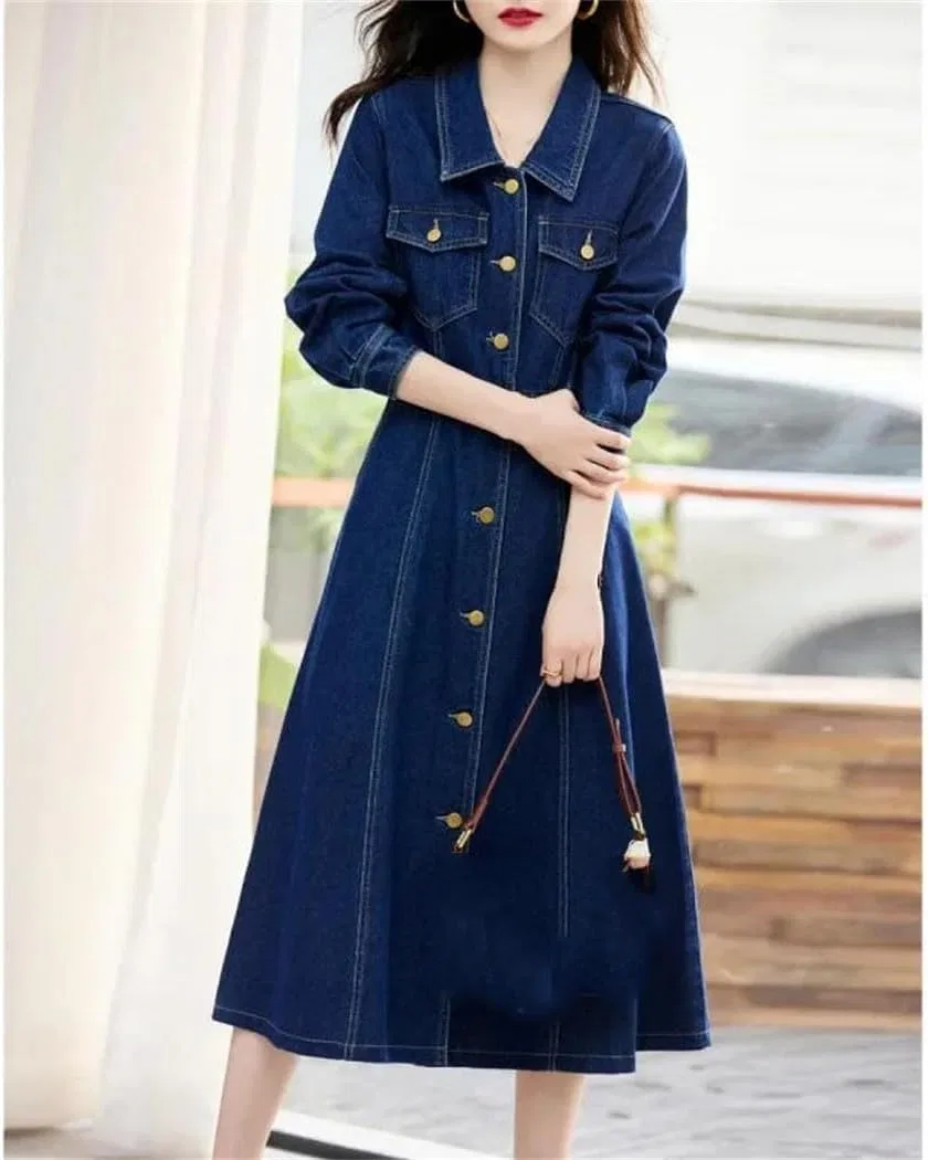 Женское джинсовое платье с воротником-рубашкой, Slim Fit, Vintage — фото 3