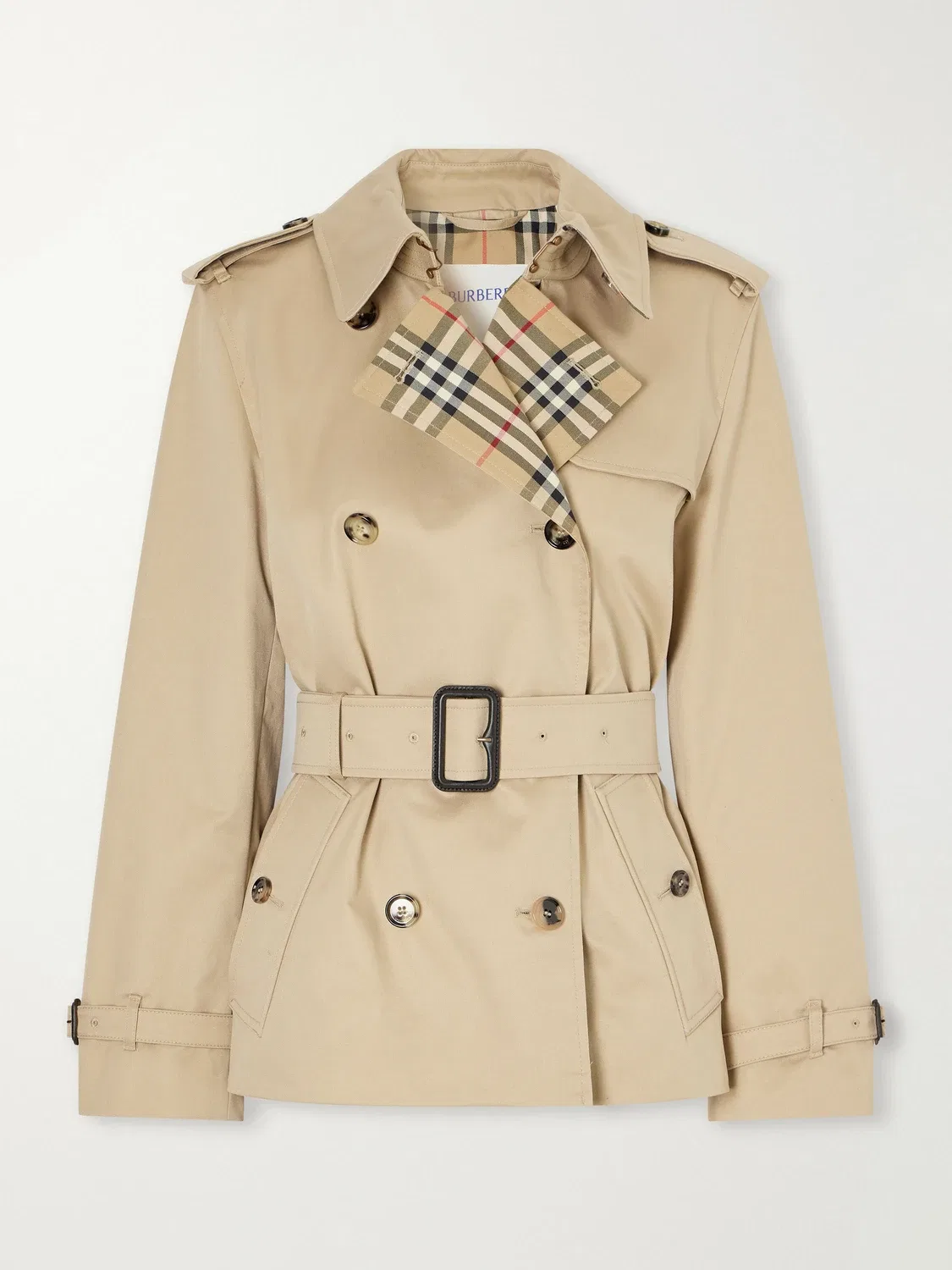 Двубортный тренч из хлопковой габардины в клетку с поясом Burberry, бежевый