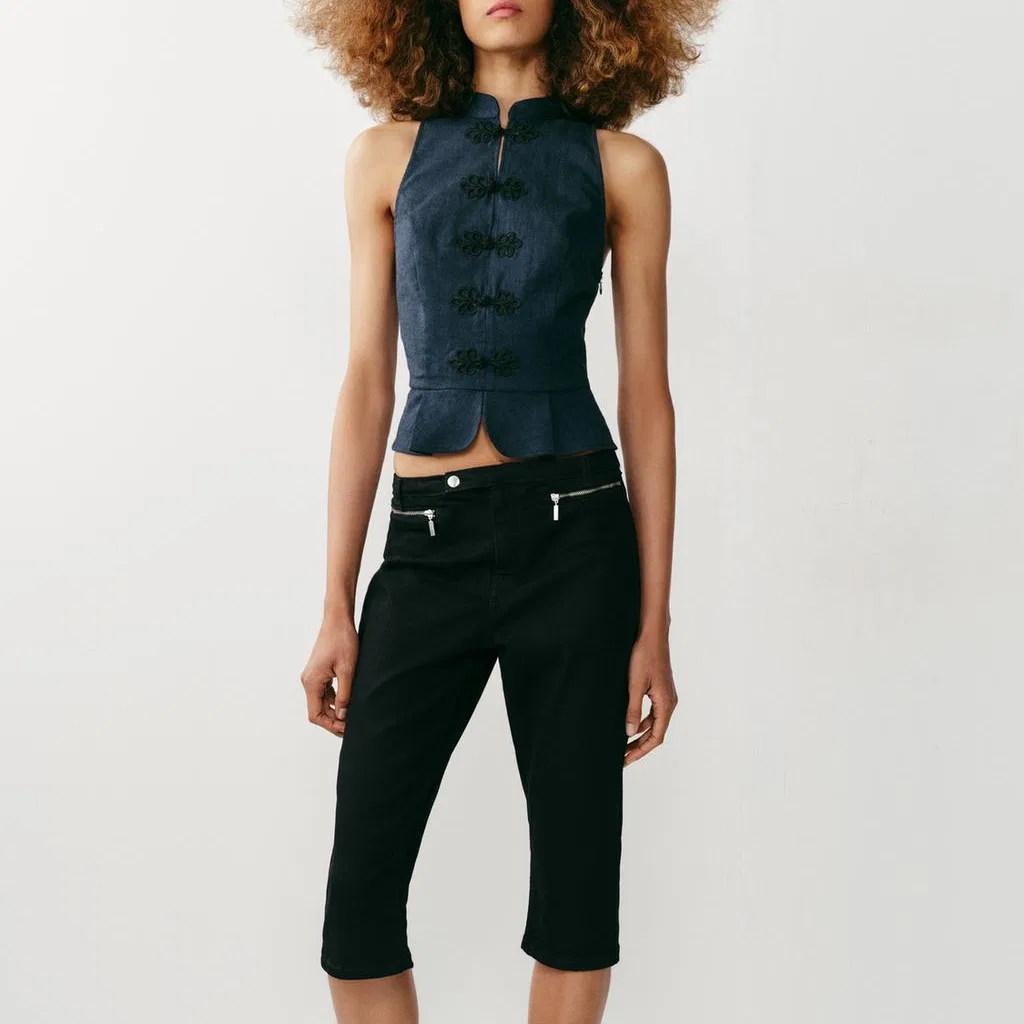 Женский топ-майка с воротником-стойкой Indigo Stand Collar ZARA, Индиго — фото 4