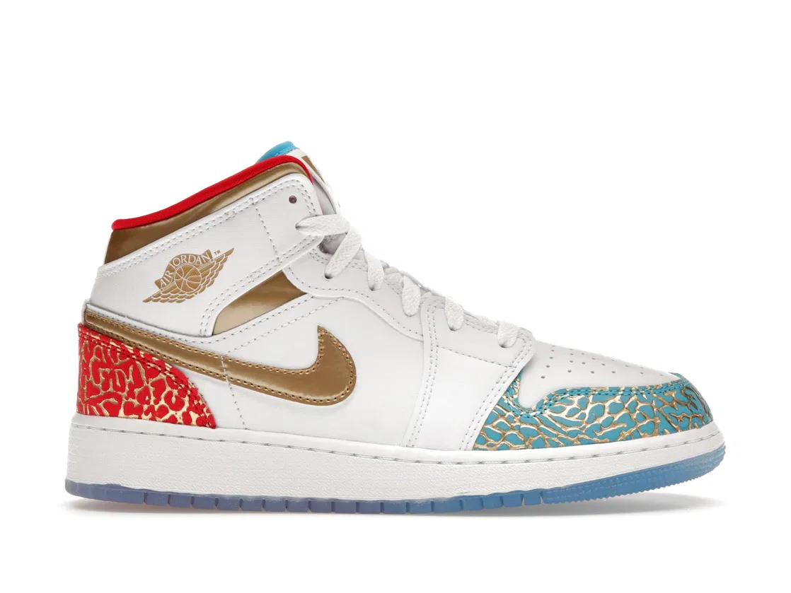 Детские кроссовки Lifestyle с принтом Jordan 1 Mid Jordan White/Metallic Gold-University Red-Blue Lightning-Wolf Grey