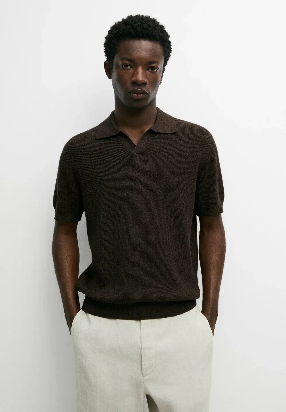 Вязаный поло-свитер из смесовой хлопковой ткани - рубашка поло Massimo Dutti, Dark Brown