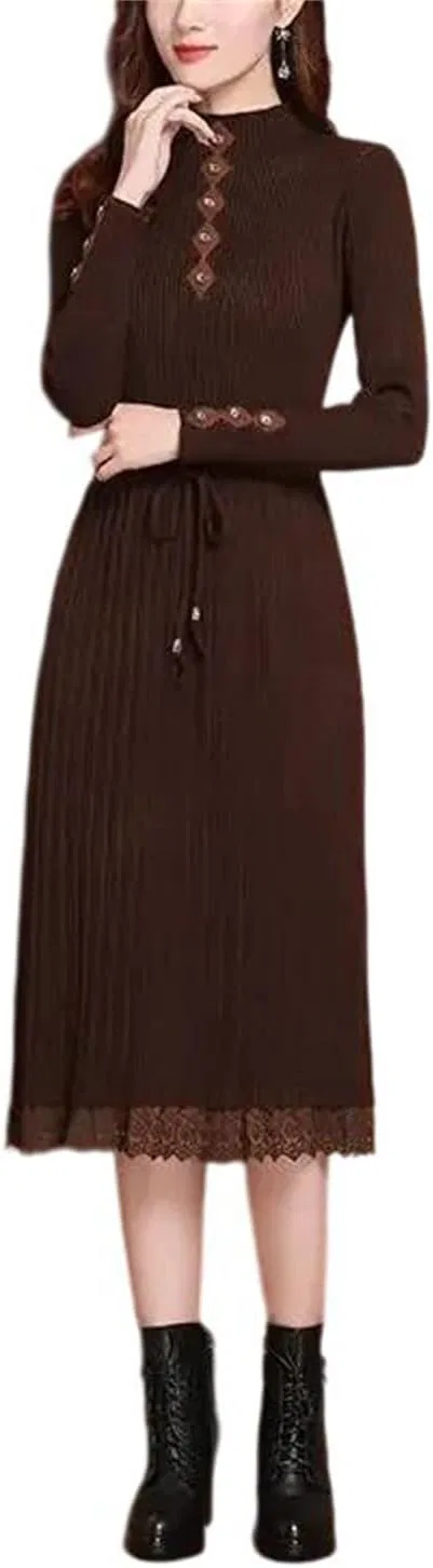 Женское платье-свитер с высоким воротником Knitted Sweater Dress, Dark Brown