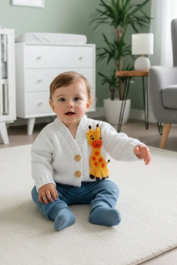 Детский кардиган с вязаным жирафом Hand knitted giraffe figured baby cardigan - white baby gift with amigurumi detail Lunivellart, White — фото 2