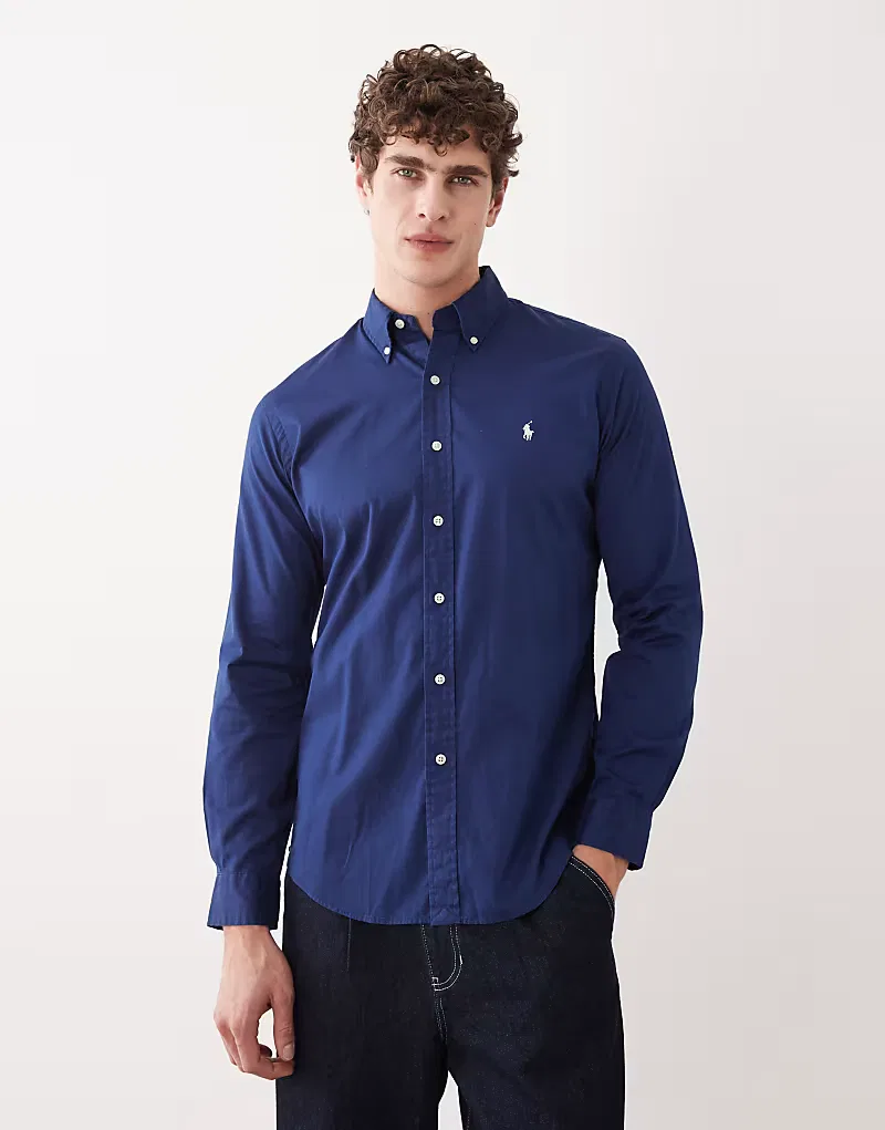 Рубашка Polo Ralph Lauren с длинными рукавами из хлопковой саржи с логотипом Icon, темно-синий