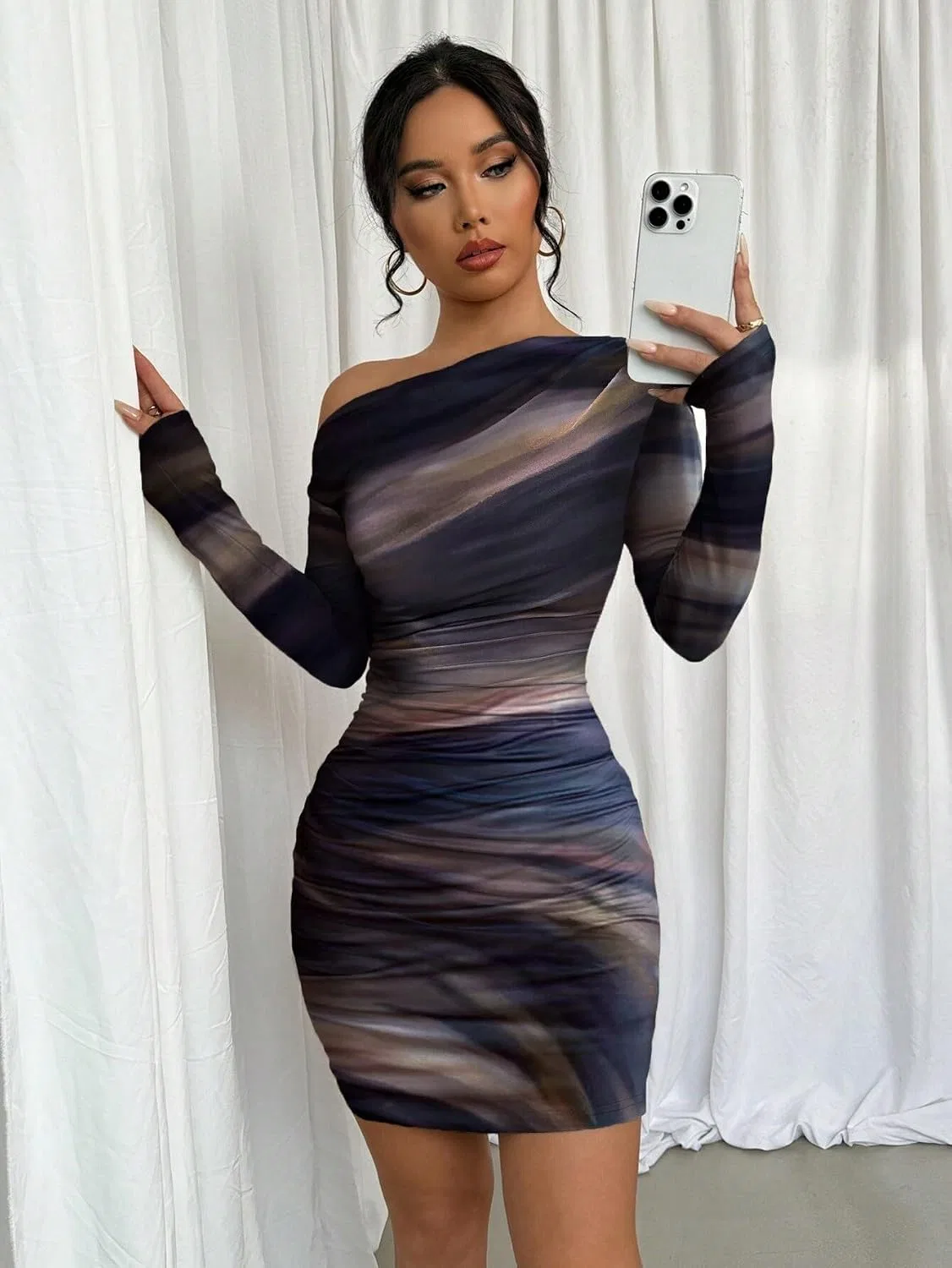Женское облегающее платье с асимметричным вырезом Bodycon, Brown — фото 2