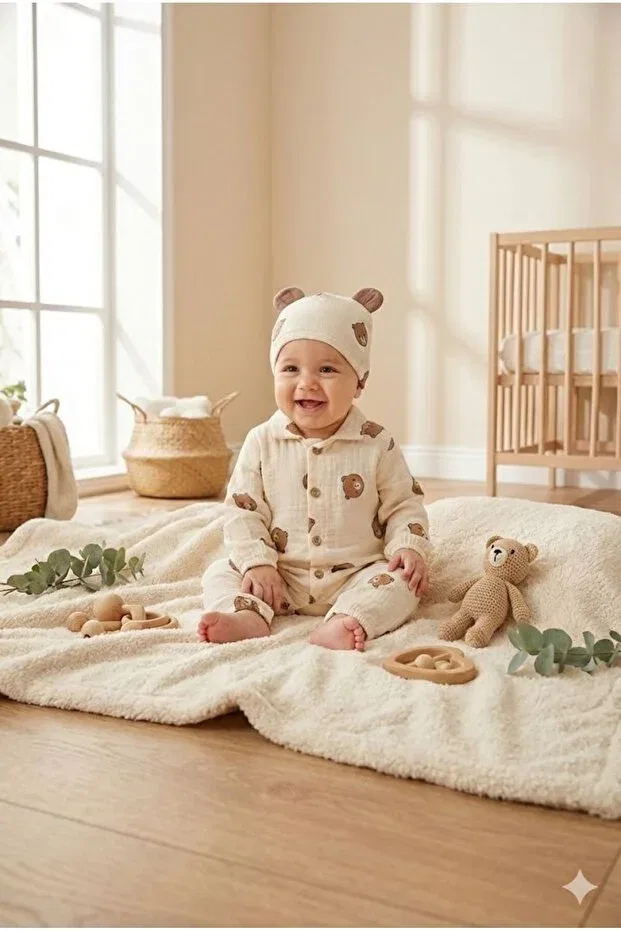 Детское боди-комбинезон хлопковый Baby bear beige muslin Yukobaby Bebeğiniz Için En Doğalı, Beige