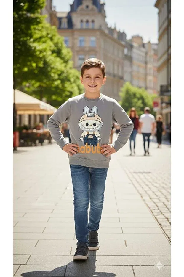 Детские свитшот для мальчиков с принтом Labubu Printed Stoper, Gray — фото 2