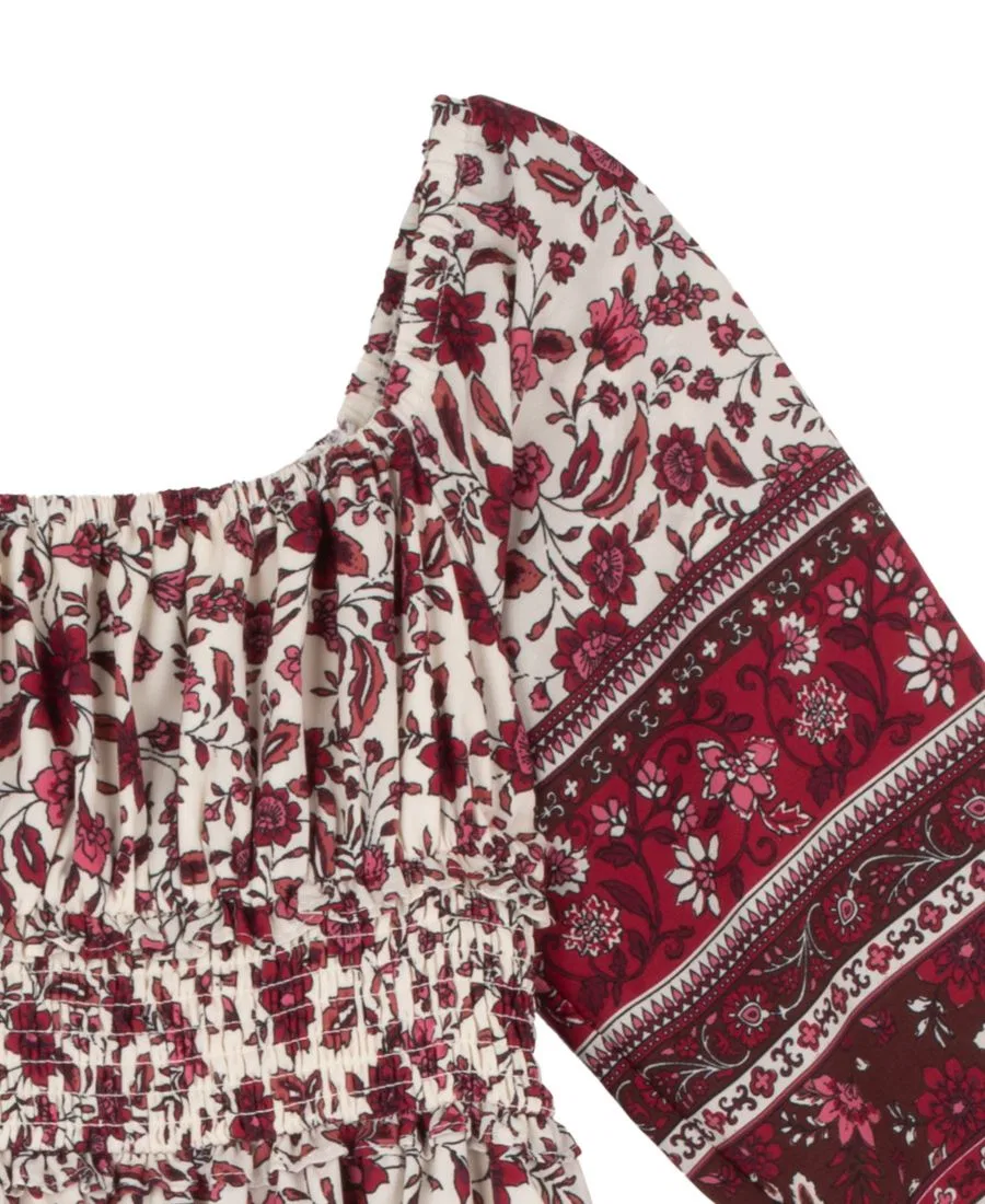 Платье с запахом и принтом, модель Smocked Waist Long-Sleeve Rare Editions, Burgundy — фото 3