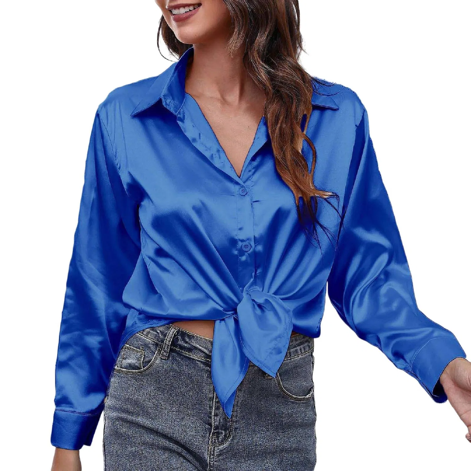 Женская блузка с длинным рукавом из атласа Royal Blue, 01#blue