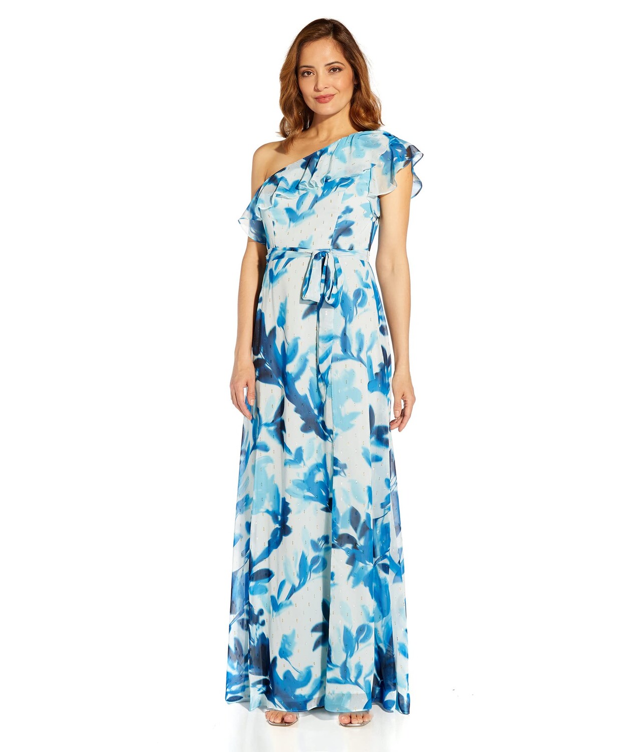 

Платье Adrianna Papell, Printed Chiffon Metallic Clip Dot One Shoulder Gown
