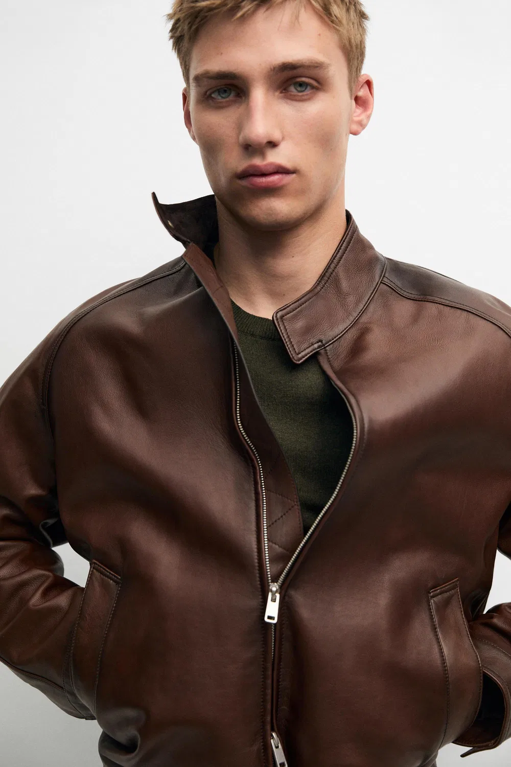 Куртка Massimo Dutti, кожаная, коричневая — фото 4