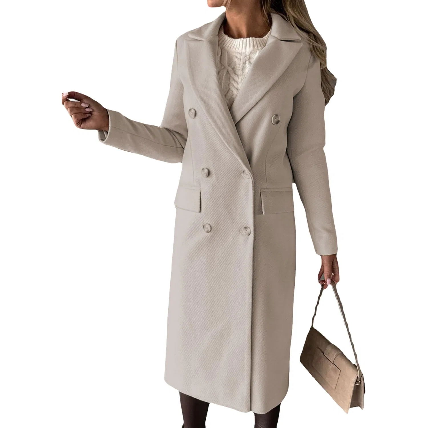 Женское двубортное пальто с лацканами, Beige