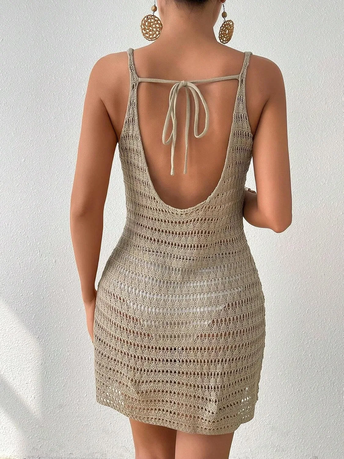 Женская пляжная накидка с вырезами, Hollow Out Cape Dress, Khaki — фото 2