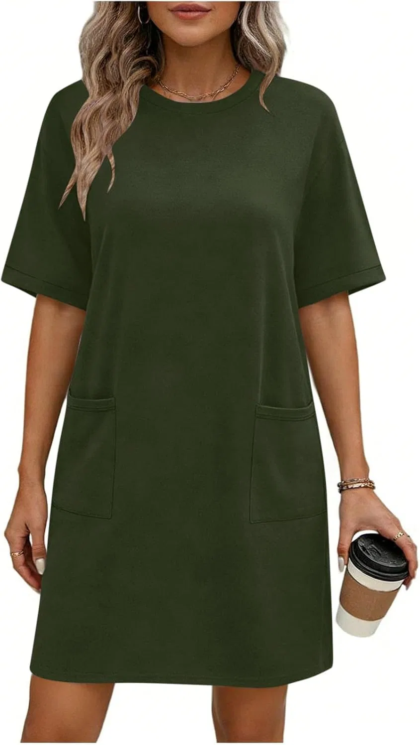 Женское свободное платье-футболка миди с карманами, Army Green