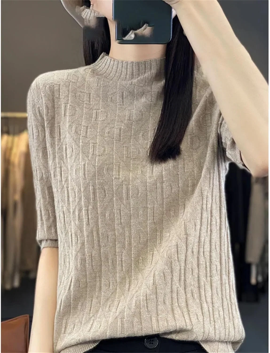 Женский свитер с принтом, полувысоким воротником и рукавом три четверти, Pullover, кофейный — фото 3