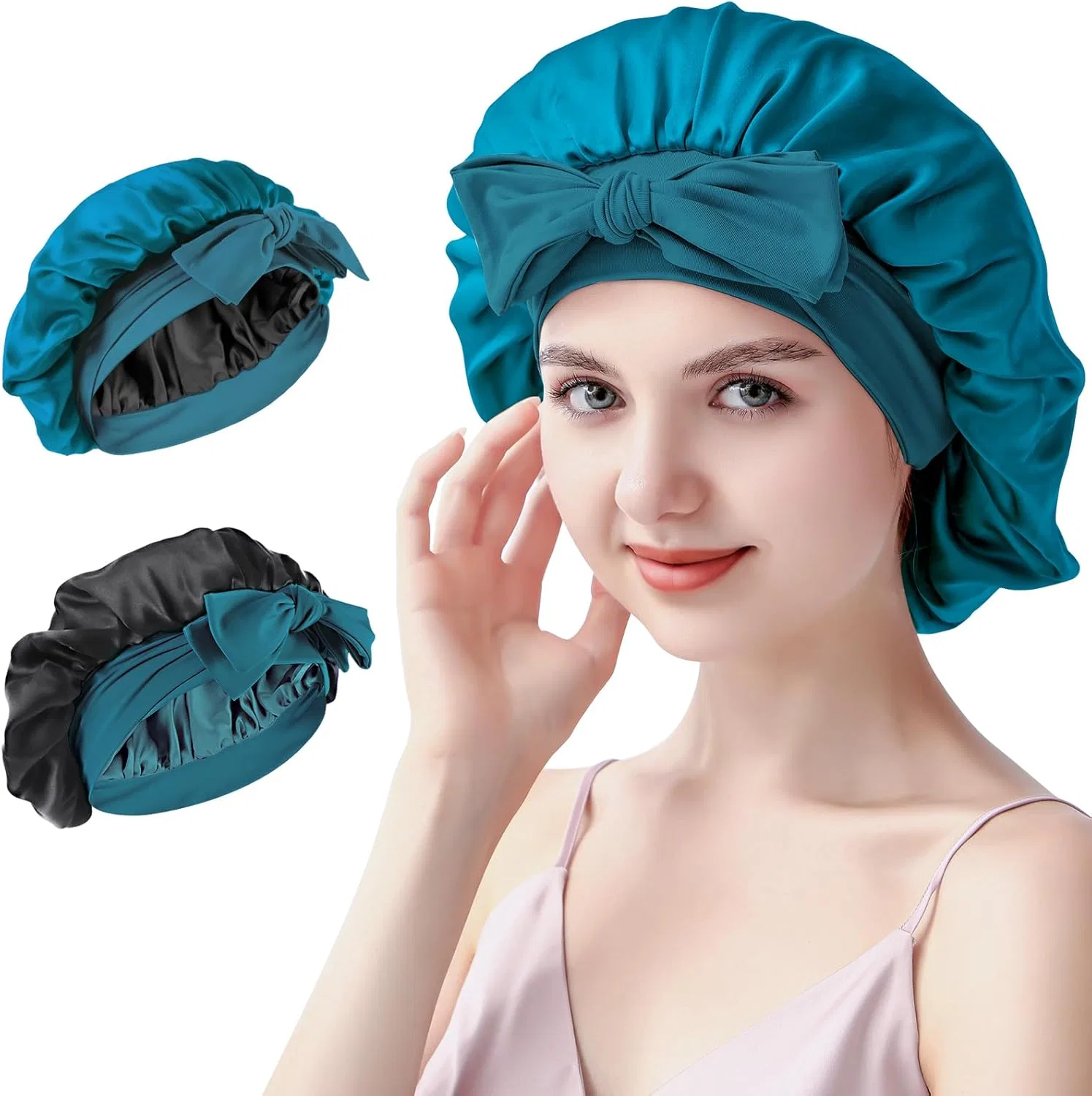 Шелковая шапочка для сна из 100% тутового шелка 22 момме от Silmana Silmana, Peacock Blue
