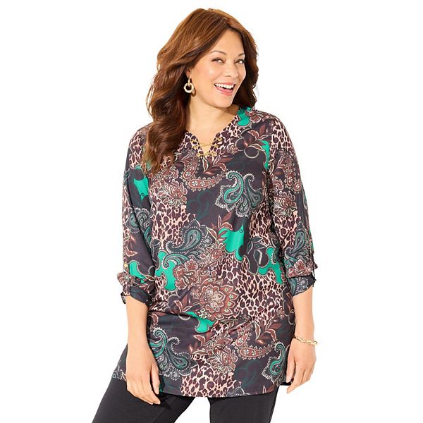 

Блузка-туника с V-образным вырезом и шнуровкой Catherines, Green Animal Paisley