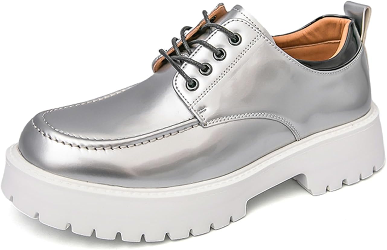 

Мужские модные оксфорды с металлическим блеском из лакированной кожи на шнуровке, с массивной платформой, закругленным носком, удобные дерби для вечеринок, свадеб, официальных мероприятий и работы в офисе Tengfeifly, серебро