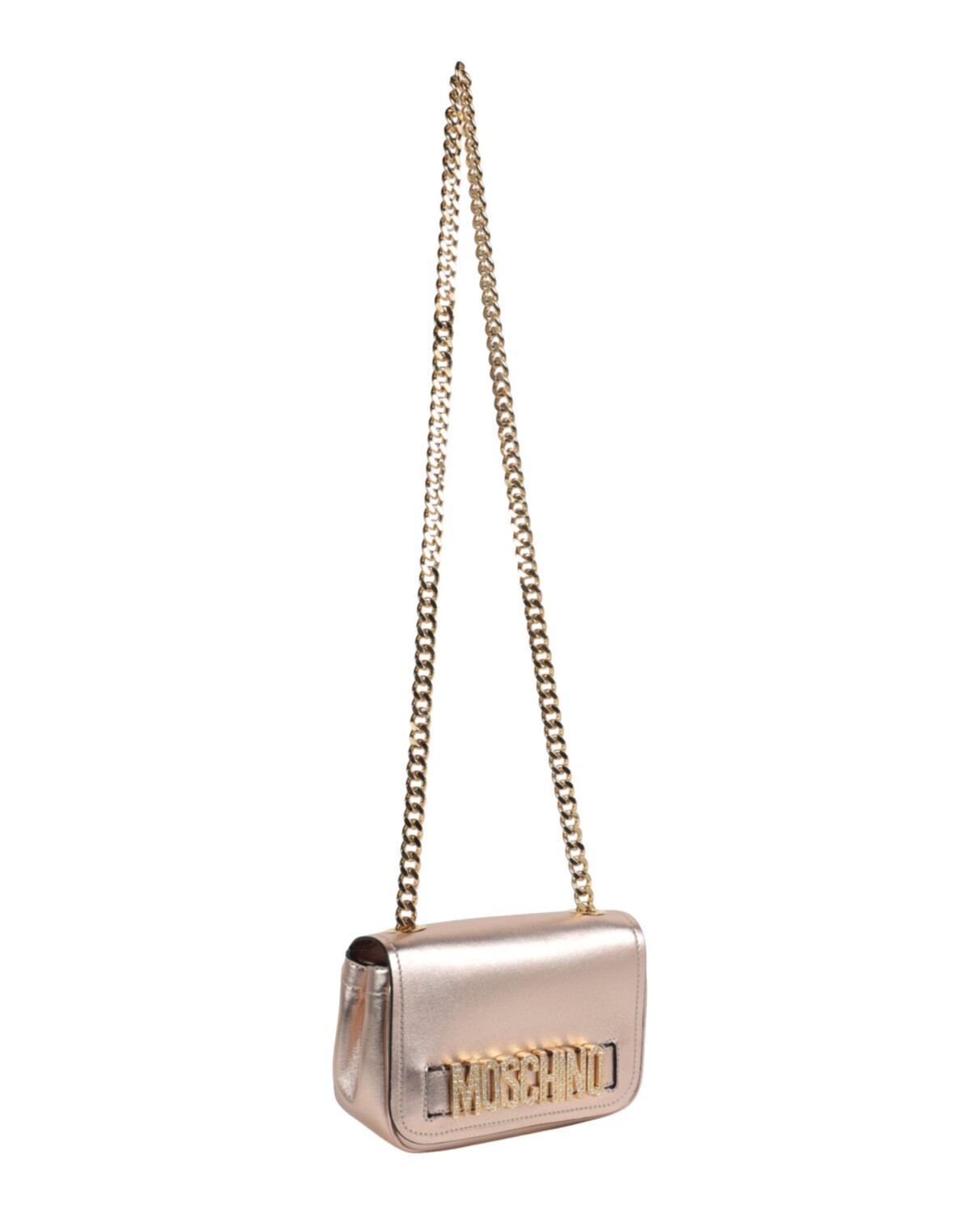

Кожаная сумка через плечо металлик с кристаллами и логотипом Moschino, цвет Fantasy Print Pink