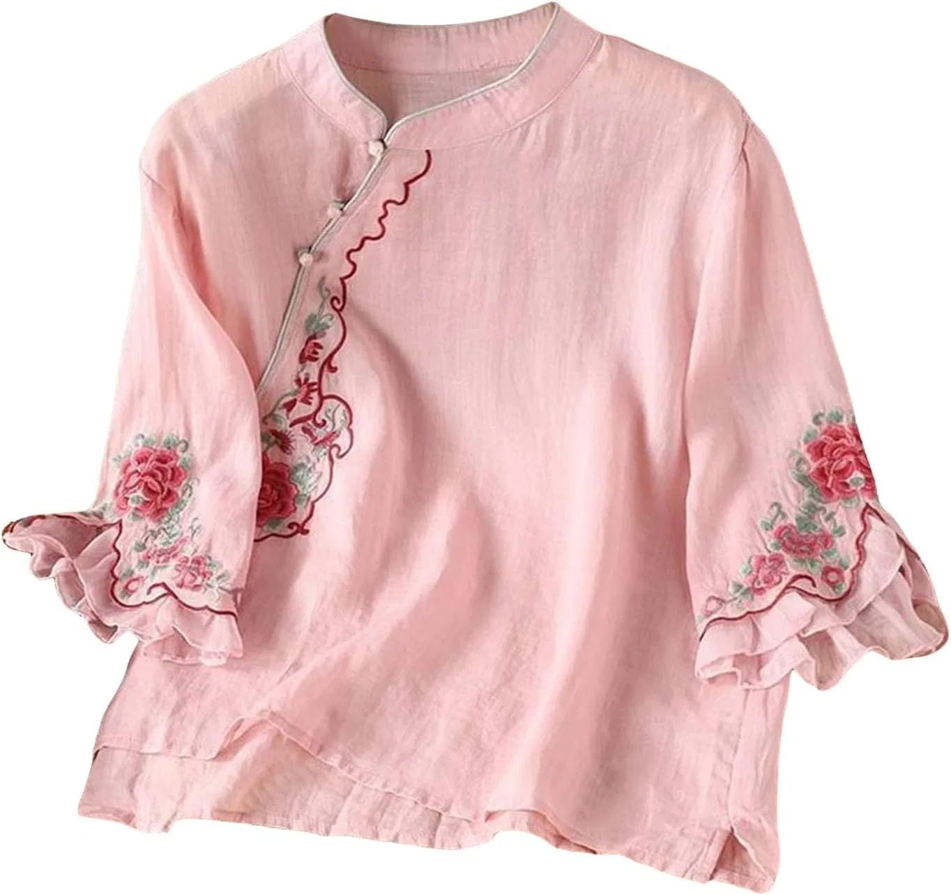 Блуза из хлопка и льна с вышивкой Spring-Summer, розовый — фото 4