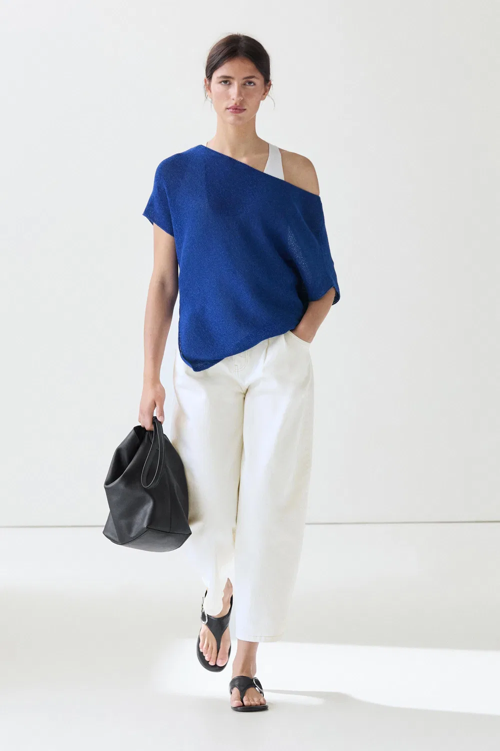 Футболка Massimo Dutti, льняная, асимметричный крой, глубокий синий — фото 2