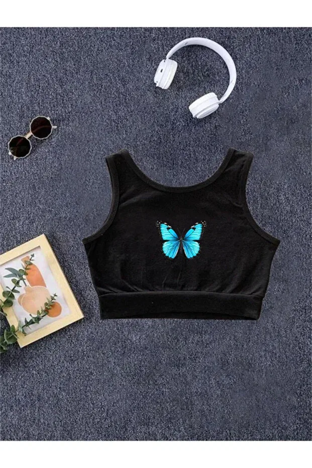 Детская укороченное футболка с принтом Butterfly Printed Strappy Crop Nplstore, Black1