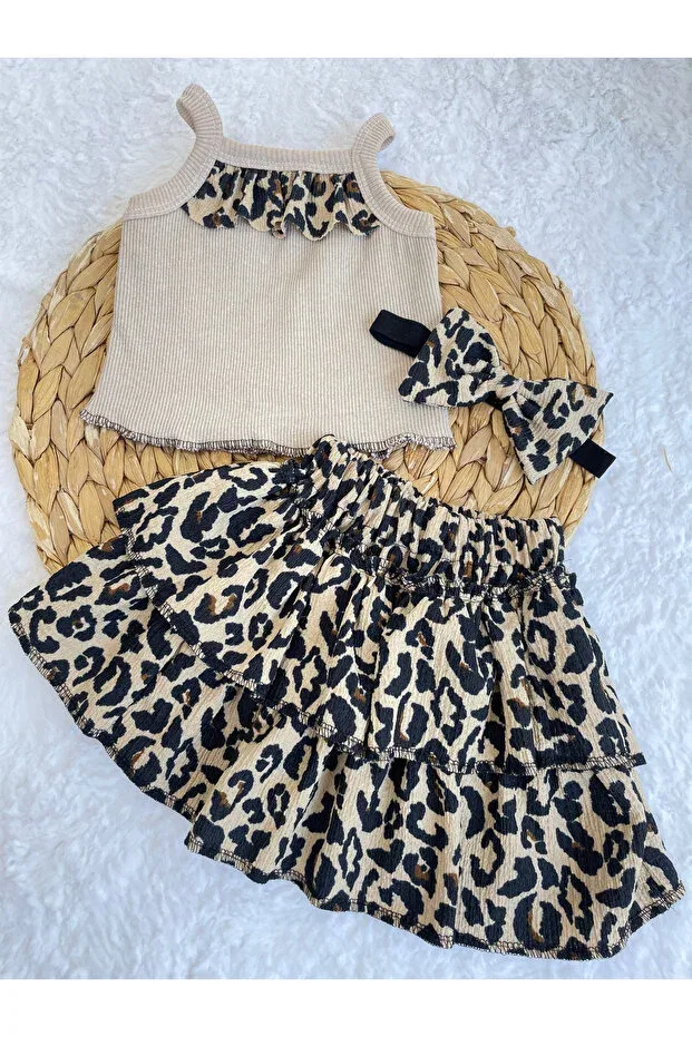Детский комплект для девочек с принтом Leopard Pattern Ruffled Skirt Bluz Bandana And Socks Set Of 4 Akif Giyim, Brown