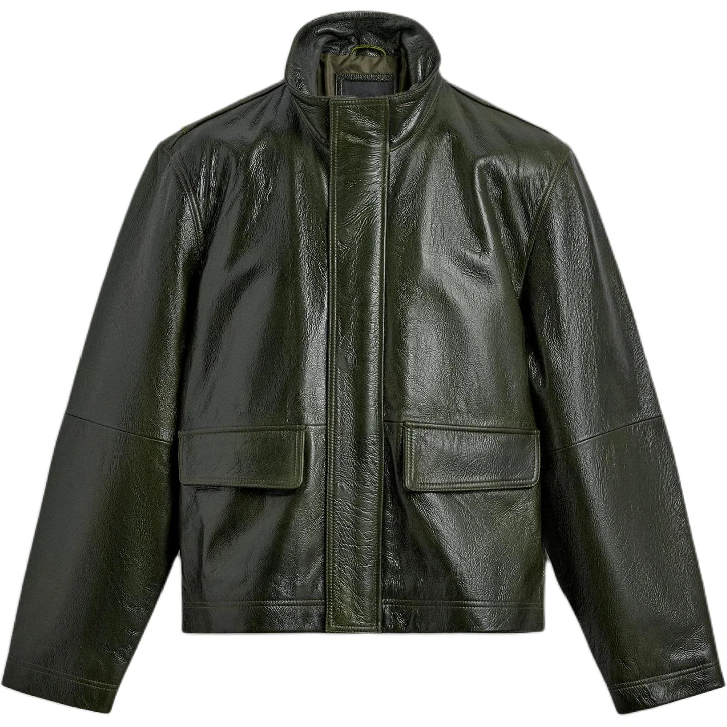 Мужская куртка из кожи с воротником-стойкой Dark Green ZARA, Dark Green