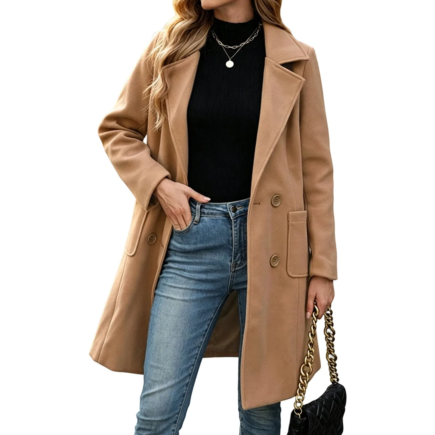 Женское двубортное пальто с лацканами Trench Peacoat Outwear, Cachi